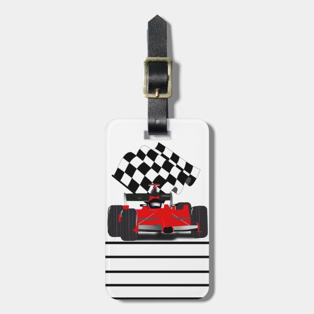 Red Race Car with Chequered Flag Luggage Tag (Front Vertical)