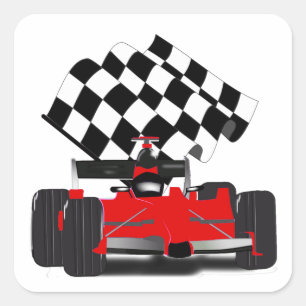 Red Race Car with Chequered Flag Square Sticker