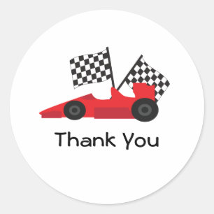 Red Race car with Chequered Flags Classic Round Sticker