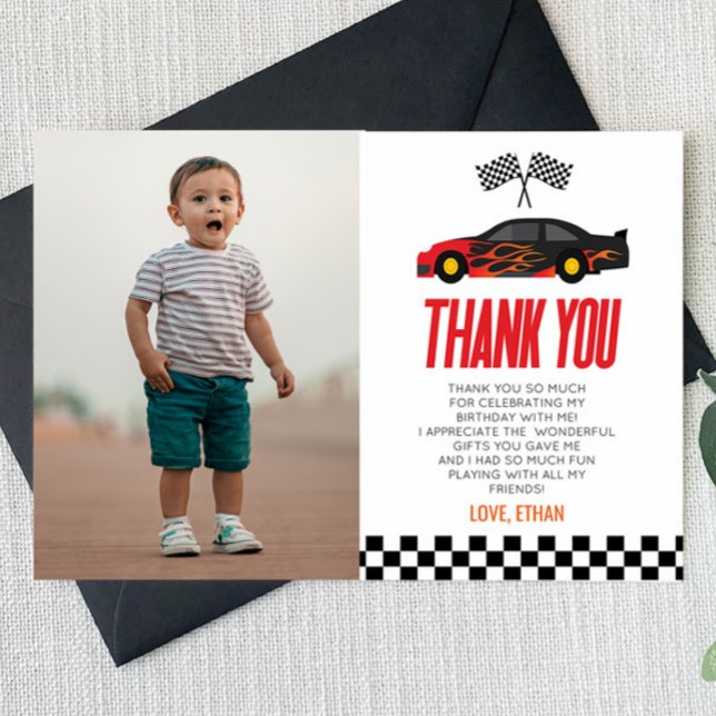 Red Racecar Race Car Custom Photo Birthday Party Thank You Card (Creator Uploaded)
