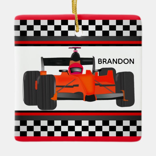 Red Racing Car Checkered Design Square Ornament (Front)