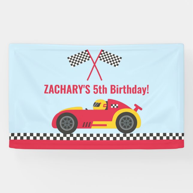 Red Racing Car Kids Birthday Party Backdrop Banner (Horizontal)