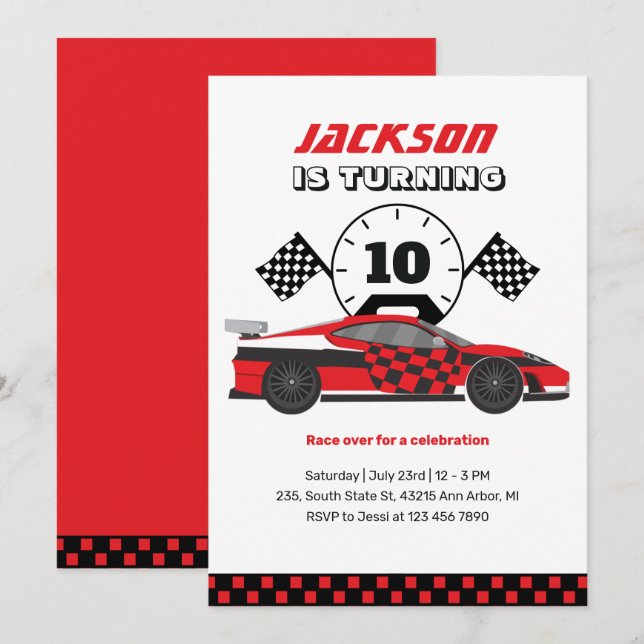 Red Racing Car Race Kids Boys Birthday Invitation (Front/Back)