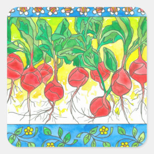 Red Radishes Garden Vegetables Daisy Flowers Square Sticker