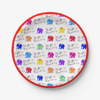 Red Rainbow Colours Cartoon Elephants Kids Birthda Paper Plate