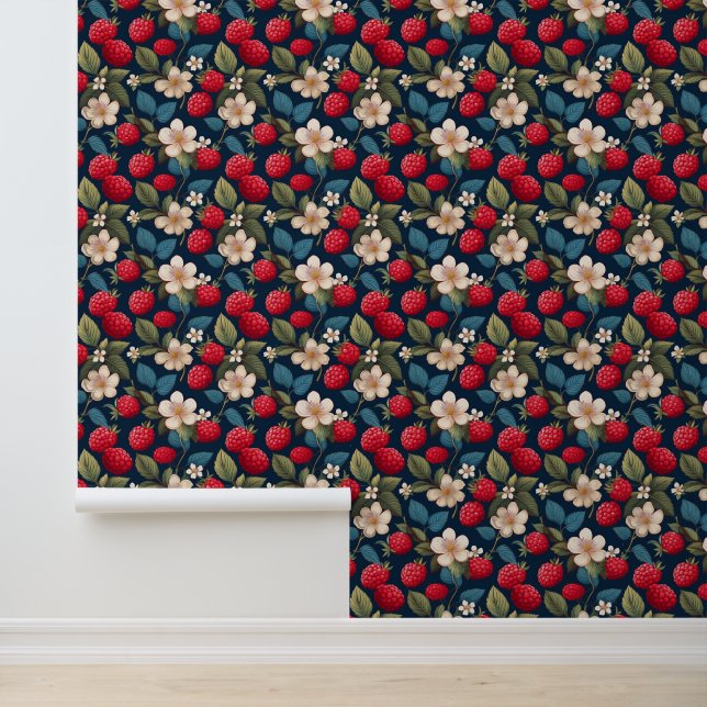 Red Raspberries Floral Fruit Blossoms on Dark Blue Wallpaper (Application)