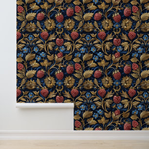 Red Raspberry & Blue Blueberry Golden Leaves Dark  Wallpaper