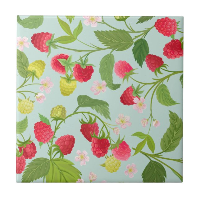 Red Raspberry Fruit, Leaves and Flowers    Tile (Front)