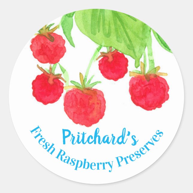 Red Raspberry Watercolor Fruit Jam Jar Label (Front)