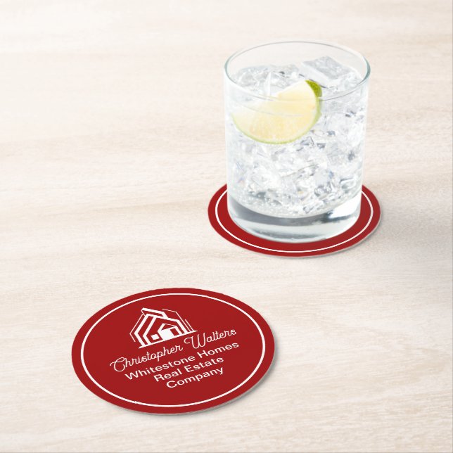 Red Real Estate Company Custom Realtor Party Round Paper Coaster (Insitu)