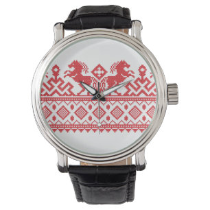 Red rearing horses watch