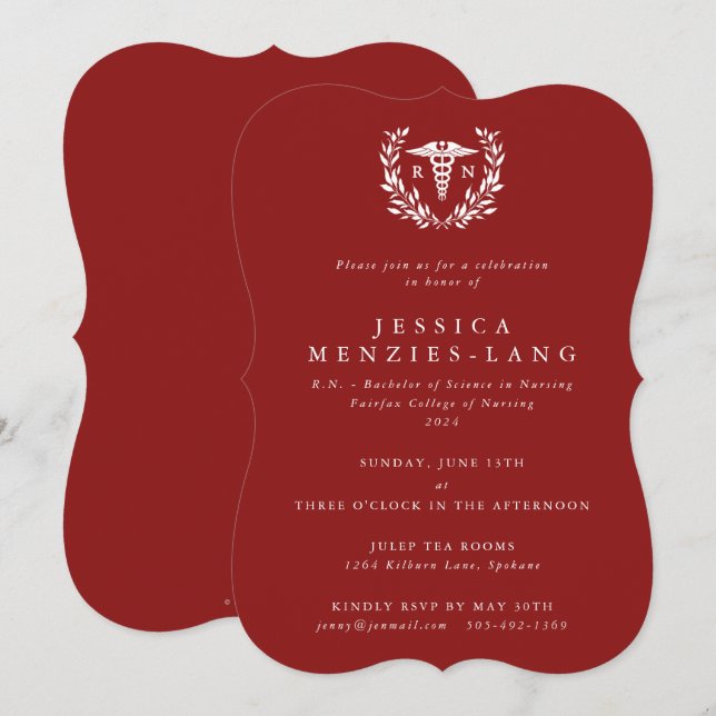 Red Registered Nurse Caduceus+Laurel Wreath Invitation (Front/Back)