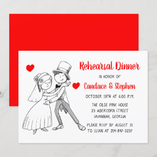 Red Rehearsal Dinner Cartoon Bride Groom Wedding Invitation