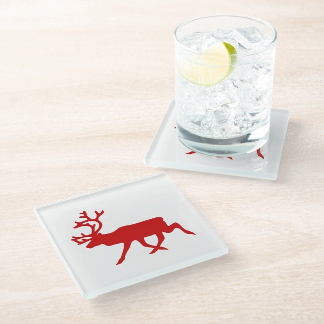 Red Reindeer / Caribou Silhouette Glass Coaster (Angled)