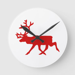 Red Reindeer / Caribou Silhouette Round Clock
