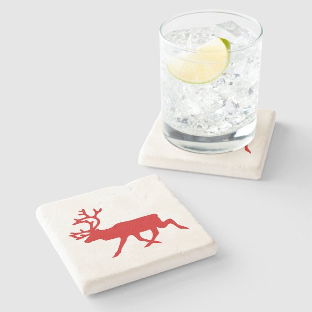 Red Reindeer / Caribou Silhouette Stone Coaster (Side)
