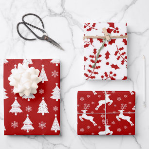 Red Reindeer, Christmas Trees and Holly Patterns Wrapping Paper Sheet