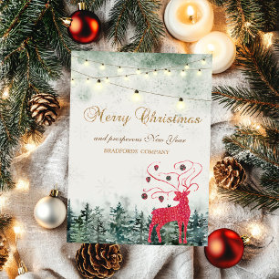 Red Reindeer,Forest,String Lights Holiday Card