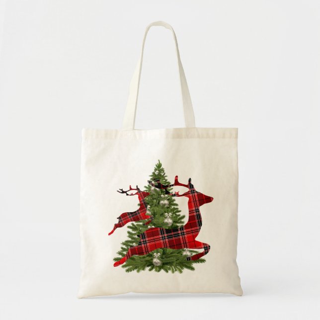 Red Reindeer Green Christmas Tree Holidays Tote Bag (Front)
