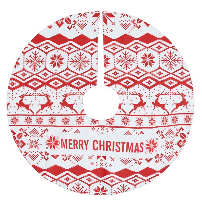 Red Reindeer Knitted Pattern Brushed Polyester Tree Skirt (Front)