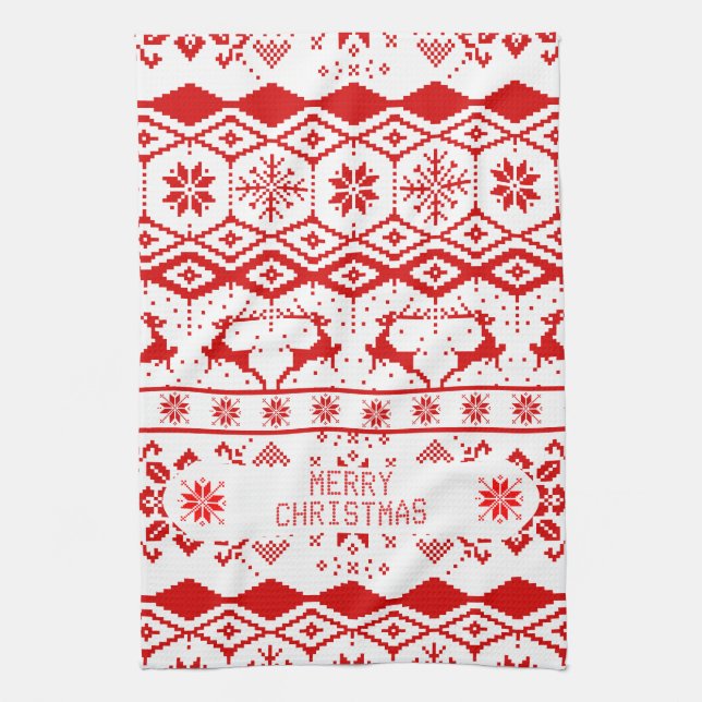 Red Reindeer Knitted Pattern White Background Tea Towel (Vertical)