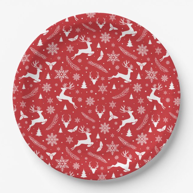 Red Reindeer Pattern Merry Christmas Snowflakes Paper Plate (Front)