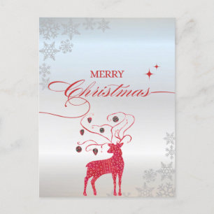 Red Reindeer Silver Snowflakes Folded Holiday Card