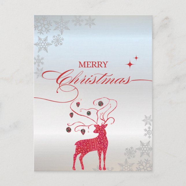 Red Reindeer Silver Snowflakes Folded Holiday Card (Front)