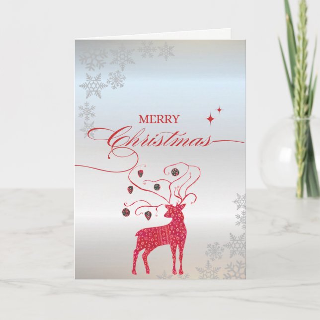 Red Reindeer Silver Snowflakes Folded Holiday Card (Front)