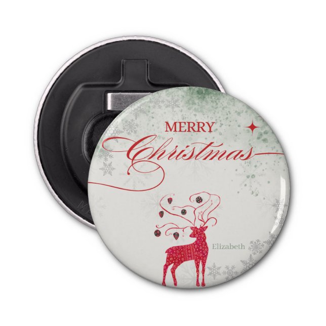 Red Reindeer Silver Snowflakes Green Christmas Bottle Opener (Front)