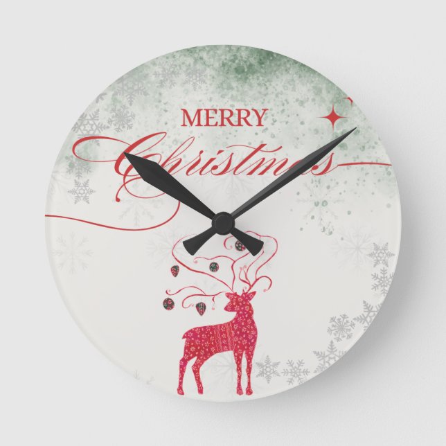 Red Reindeer Silver Snowflakes Green Christmas Round Clock (Front)