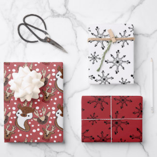 Red Reindeer Snowflakes Wrapping Paper Sheet