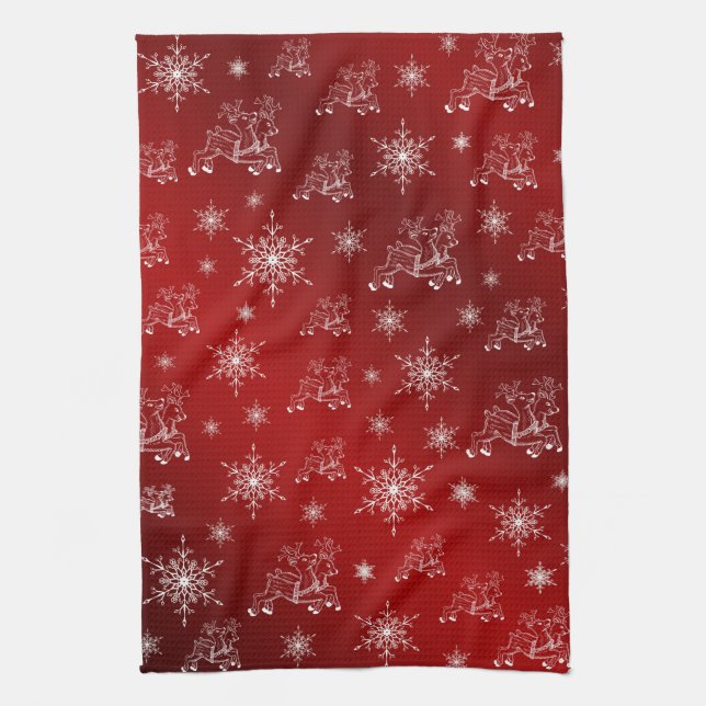 red,reindeer, star, stars, snowflake, christmas tea towel (Vertical)