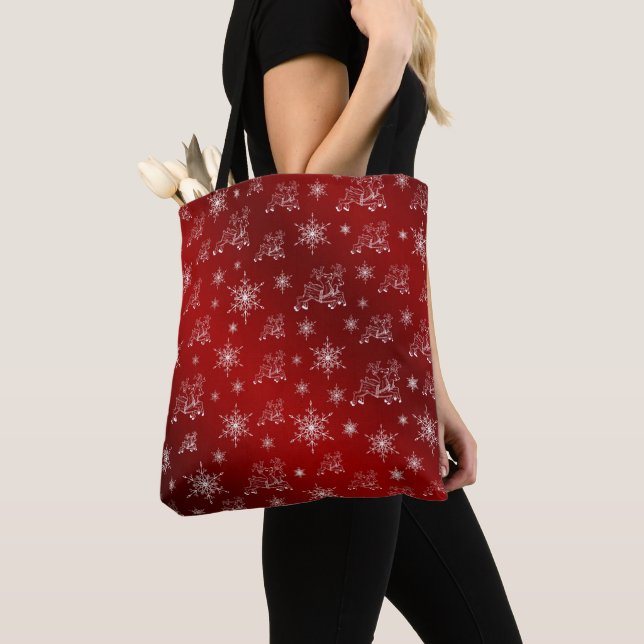 red,reindeer, star, stars, snowflake, christmas tote bag (Close Up)