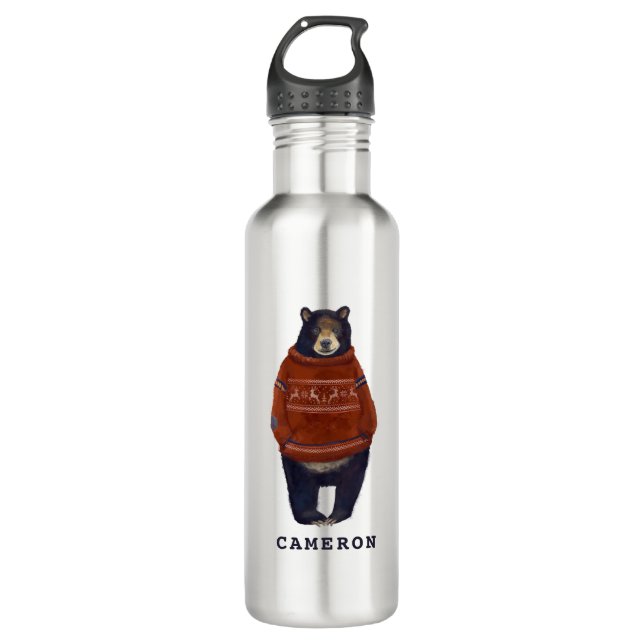 Red Reindeer Sweater Bear | Add Your Name 710 Ml Water Bottle (Front)