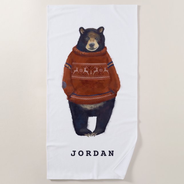 Red Reindeer Sweater Bear | Add Your Name Beach Towel (Front)