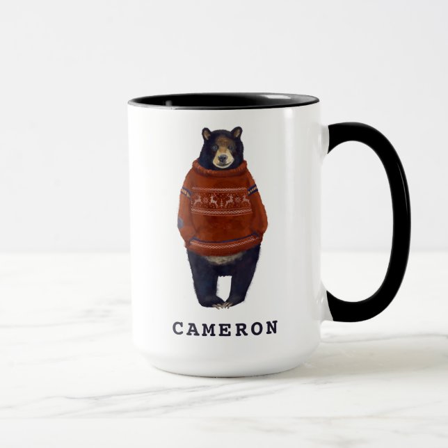 Red Reindeer Sweater Bear | Add Your Name Mug (Right)