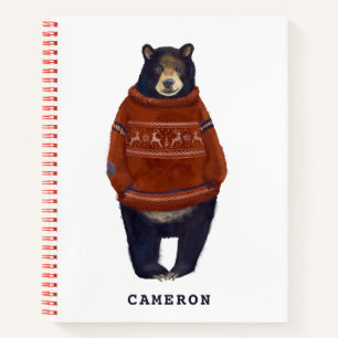 Red Reindeer Sweater Bear   Add Your Name Notebook