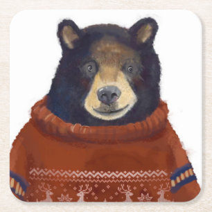 Red Reindeer Sweater Bear Square Paper Coaster