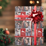 Red Reindeer Tis the Season Custom Photo Christmas Wrapping Paper<br><div class="desc">An elegant white deer leaps over the Christmas words Tis the Season to be Jolly on this beautiful red holiday gift wrap. Classic elegance with a pretty reindeer over gorgeous calligraphy and your family photo collage above your custom text. Personalised photo collage Christmas wrapping paper.</div>