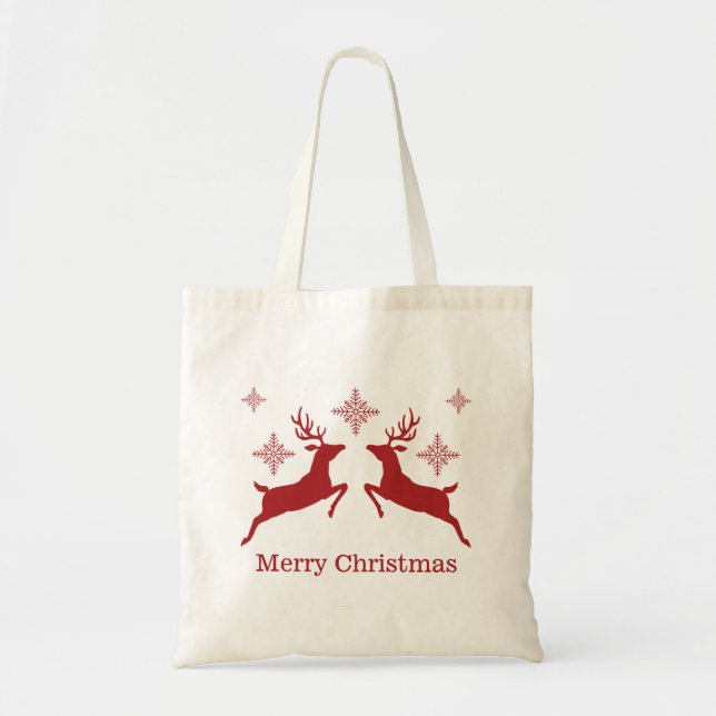 Red Reindeers And Snowflakes Merry Christmas Tote Bag (Front)