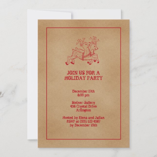 Red reindeers old fashion Christmas holiday party Invitation (Front)