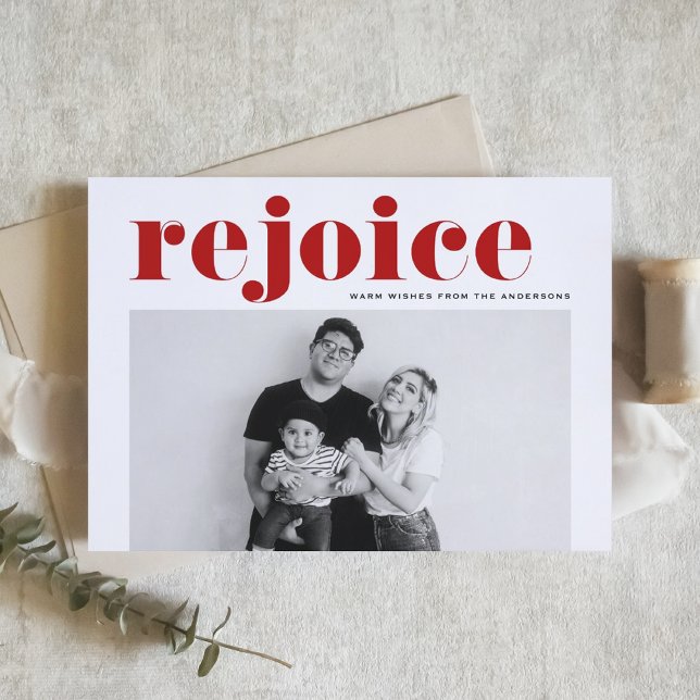 Red Rejoice Bold Typography Modern Photo Christmas Holiday Card (Creator Uploaded)