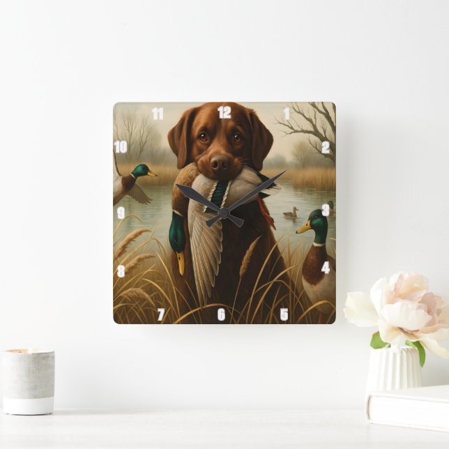 Red Retriever Duck Pond Hunting Square Wall Clock (Home)