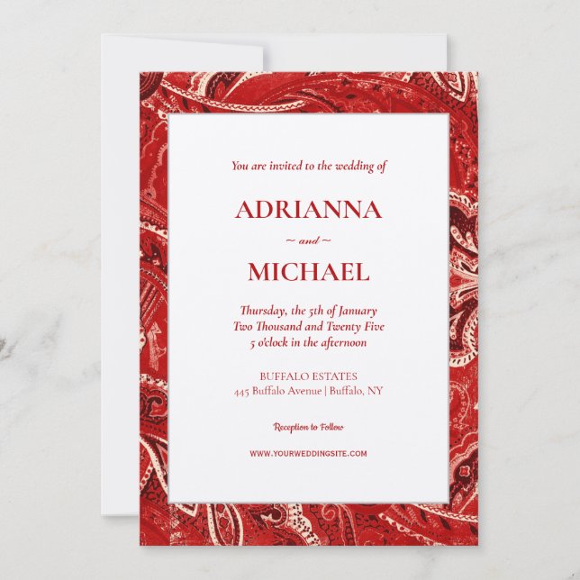 Red Retro Bandanna Paisley Wedding Invitation (Front)