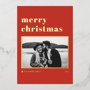 Red Retro Bold Typography Merry Christmas Photo Foil Holiday Card