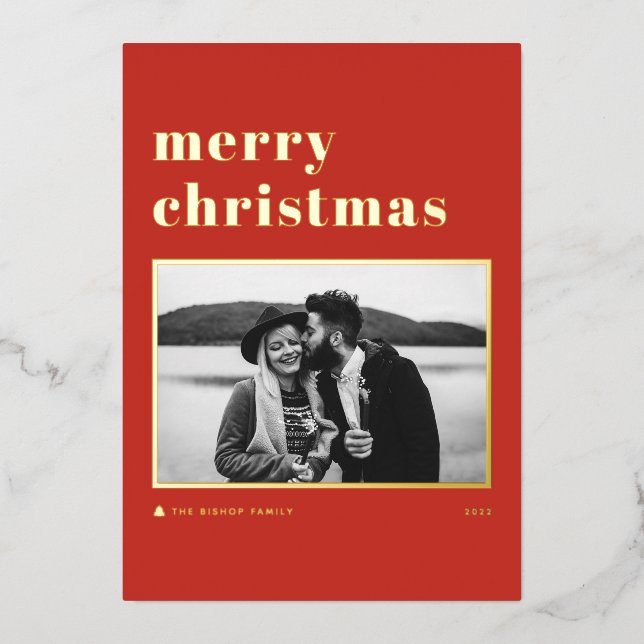 Red Retro Bold Typography Merry Christmas Photo Foil Holiday Card (Front)