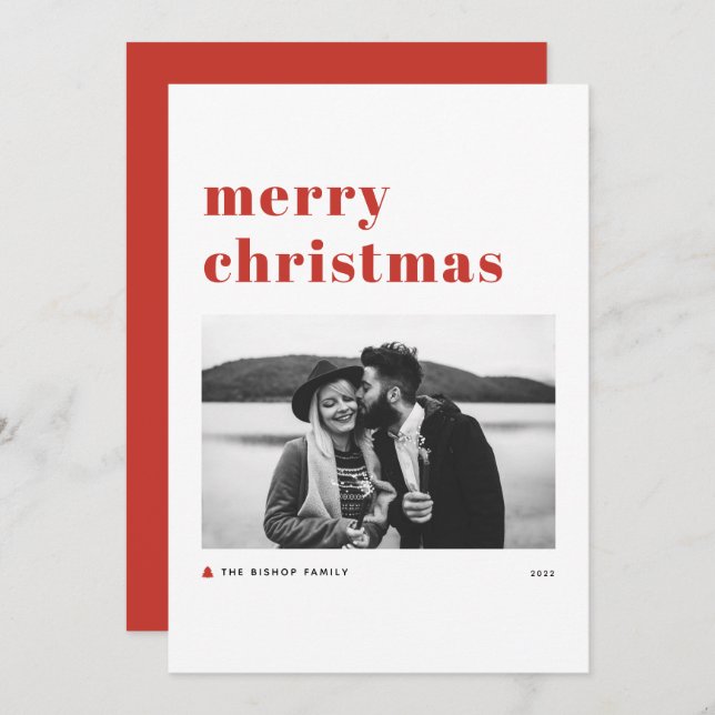 Red Retro Bold Typography Merry Christmas Photo Holiday Card (Front/Back)