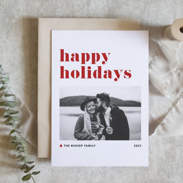 Red Retro Bold Typography Photo Happy Holidays Holiday Card (Creator Uploaded)