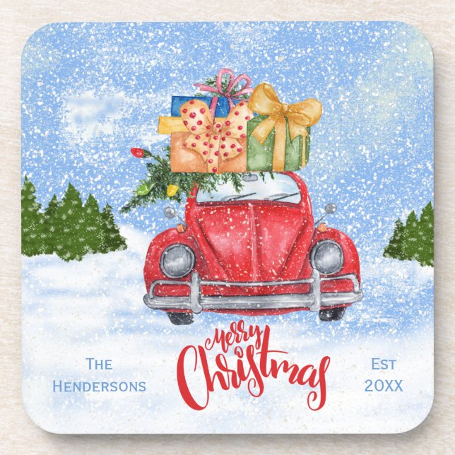 Red Retro Car with Christmas Tree Coaster Set (Front)